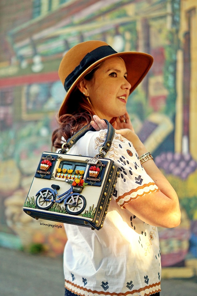 Winnipeg Style fashion blog, Canadian stylist, Chicwish boho embroidered top, Mary Frances Ride On bicycle embellished 3d handbag bag, vintage style, John Fluevog bronze metallic Desmond pumps heels